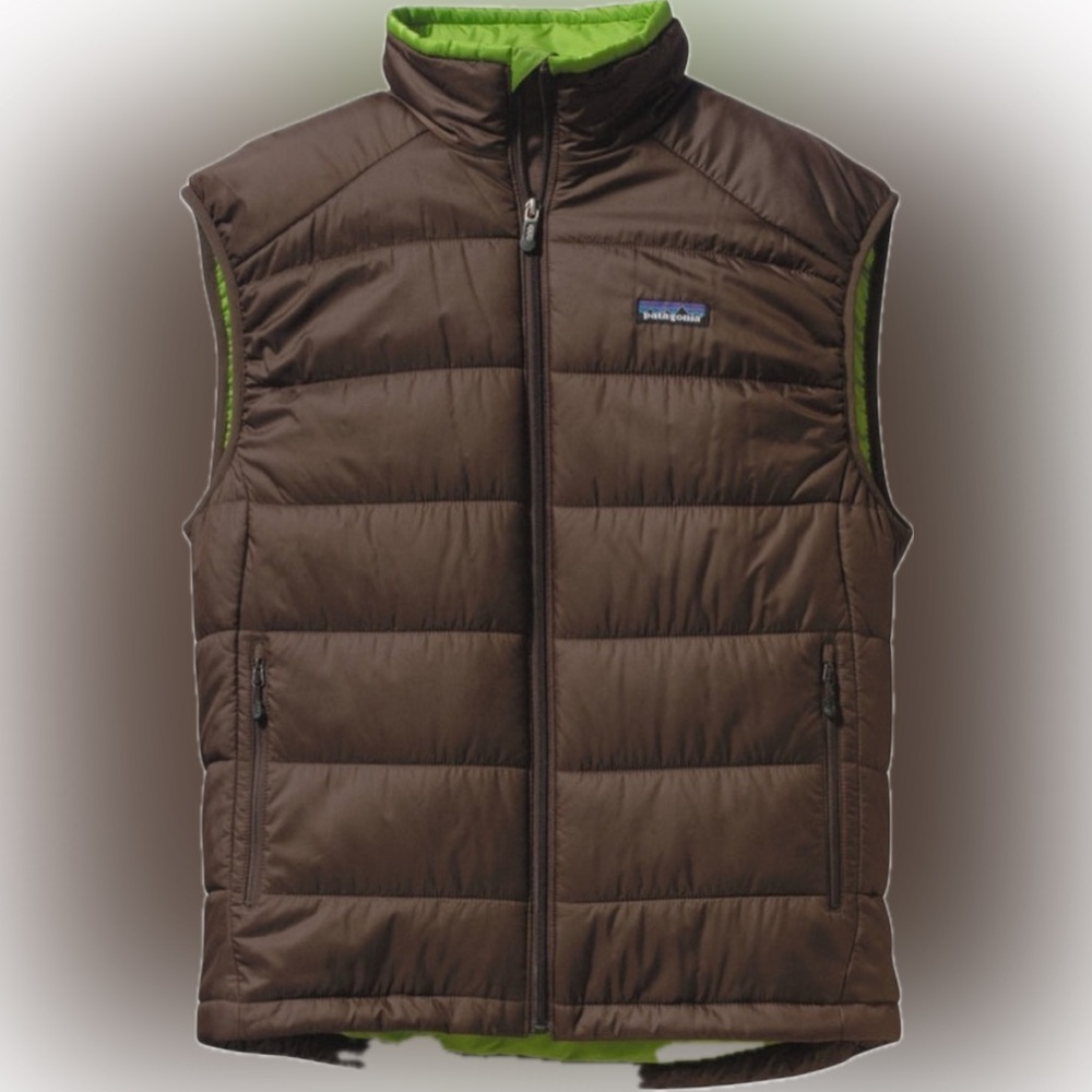 Patagonia Men’s Brown Puffer Vest Lime Green Liner M PrimaLoft NWOT